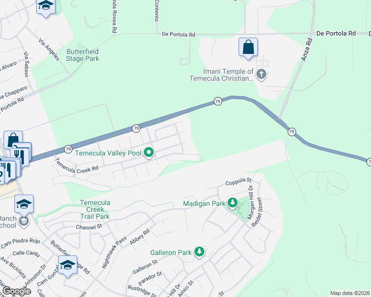 map of restaurants, bars, coffee shops, grocery stores, and more near 34070 Summit View Place in Temecula