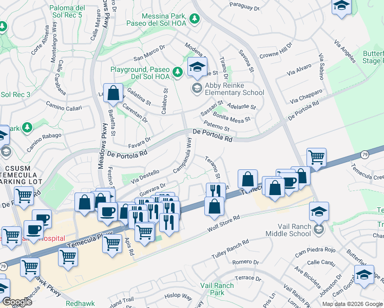 map of restaurants, bars, coffee shops, grocery stores, and more near 32611 Via Destello in Temecula