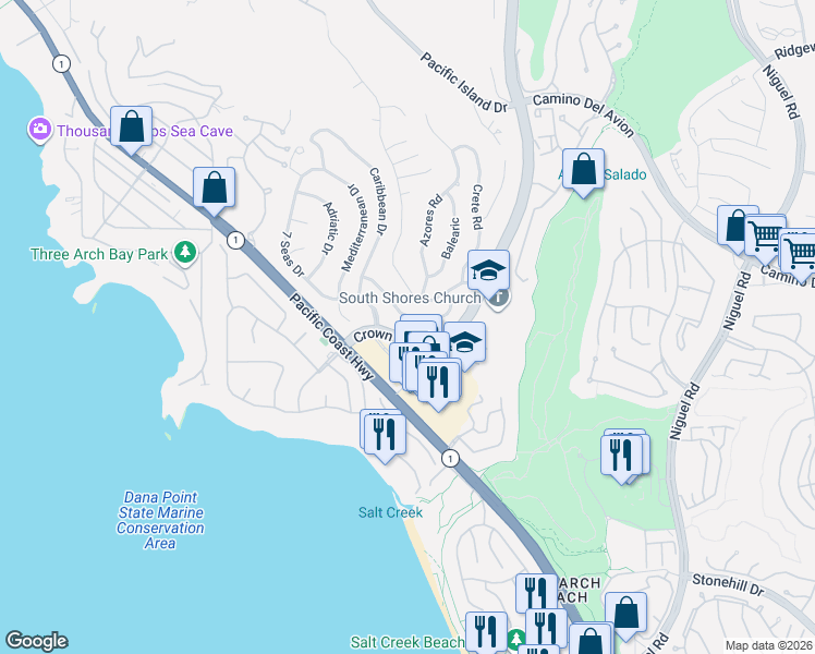 map of restaurants, bars, coffee shops, grocery stores, and more near 32689 Caspian Sea Drive in Dana Point