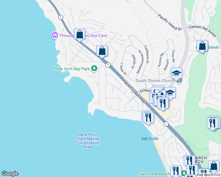 map of restaurants, bars, coffee shops, grocery stores, and more near 175 Monarch Bay Drive in Dana Point