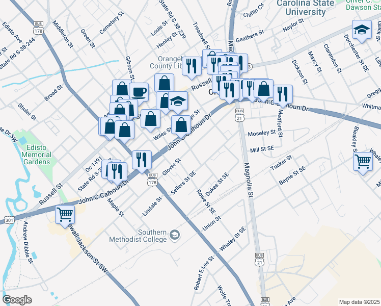 map of restaurants, bars, coffee shops, grocery stores, and more near 1396 Glover Street in Orangeburg