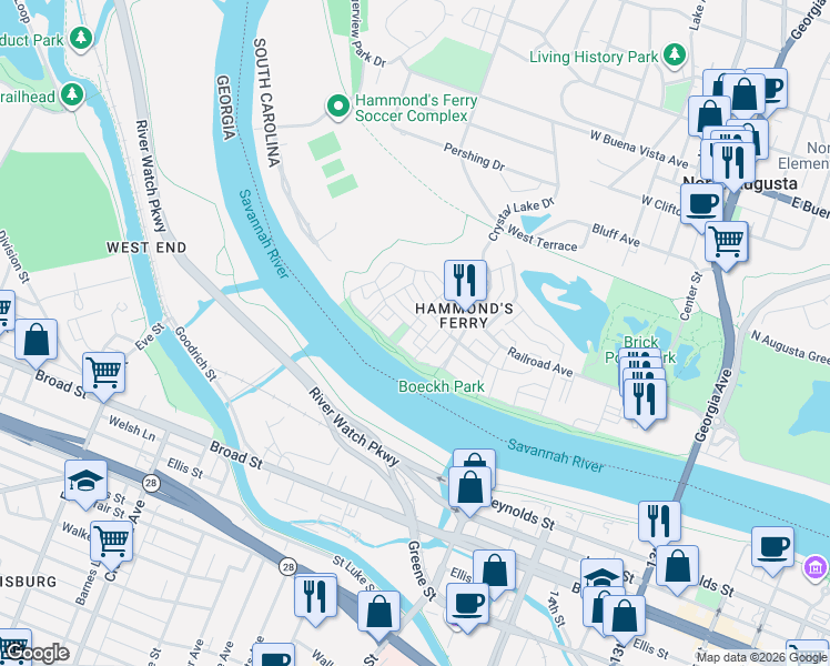 map of restaurants, bars, coffee shops, grocery stores, and more near 15 Fallmouth Street in North Augusta