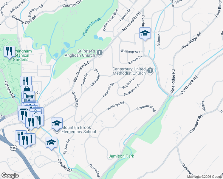 map of restaurants, bars, coffee shops, grocery stores, and more near 2877 Balmoral Road in Birmingham