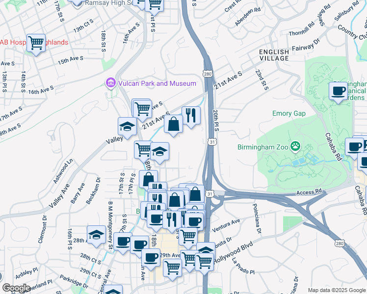 map of restaurants, bars, coffee shops, grocery stores, and more near 2340 Woodcrest Place in Birmingham