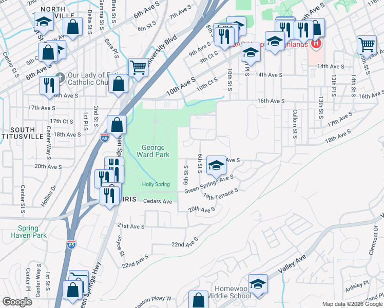 map of restaurants, bars, coffee shops, grocery stores, and more near 504 19th Avenue South in Birmingham