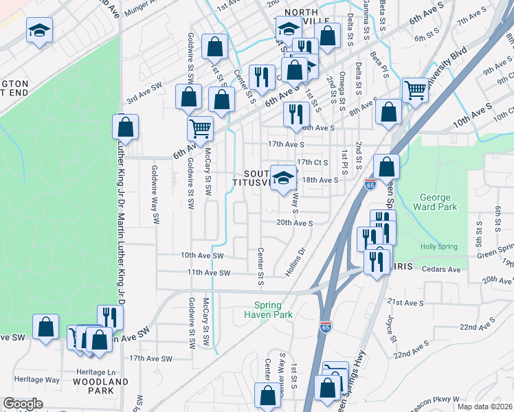 map of restaurants, bars, coffee shops, grocery stores, and more near 1840 Center Street South in Birmingham