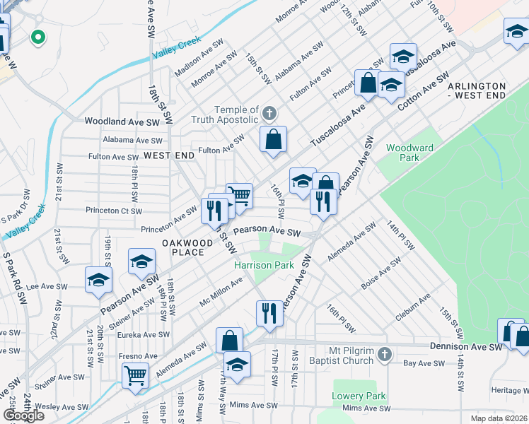 map of restaurants, bars, coffee shops, grocery stores, and more near 1633 Cleveland Avenue Southwest in Birmingham
