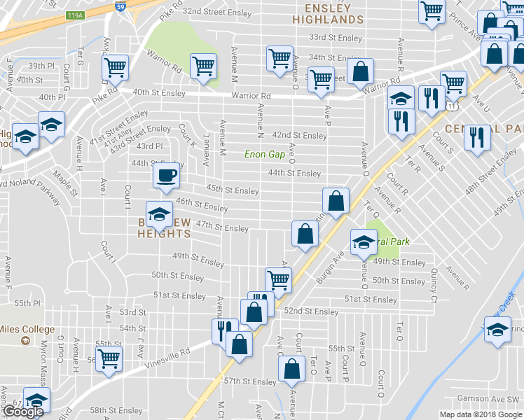 map of restaurants, bars, coffee shops, grocery stores, and more near 1400 46th Street Ensley in Birmingham