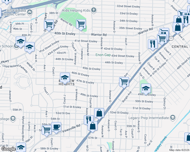 map of restaurants, bars, coffee shops, grocery stores, and more near 1325 46th Street Ensley in Birmingham