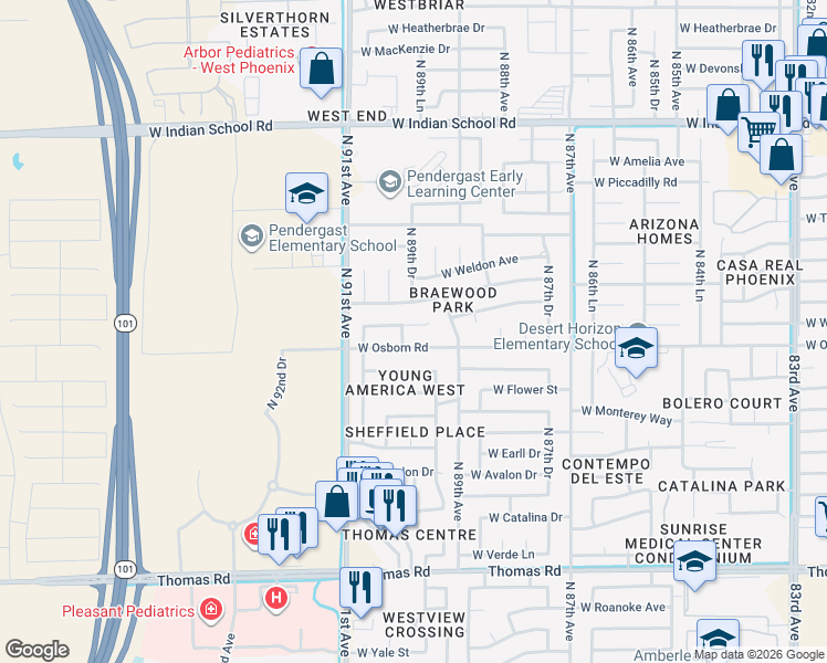 map of restaurants, bars, coffee shops, grocery stores, and more near 8941 West Whitton Avenue in Phoenix