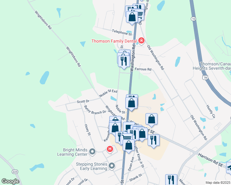 map of restaurants, bars, coffee shops, grocery stores, and more near 213 Noble Street in Thomson