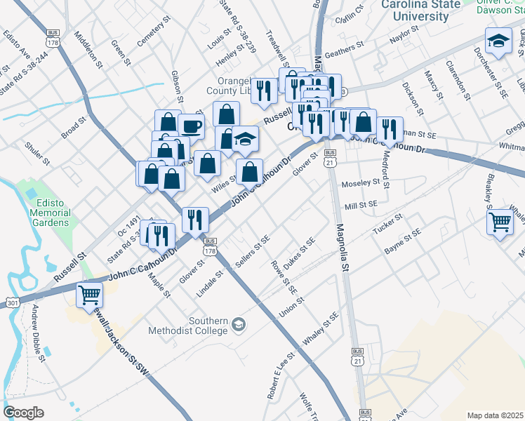 map of restaurants, bars, coffee shops, grocery stores, and more near 1396 Glover Street in Orangeburg