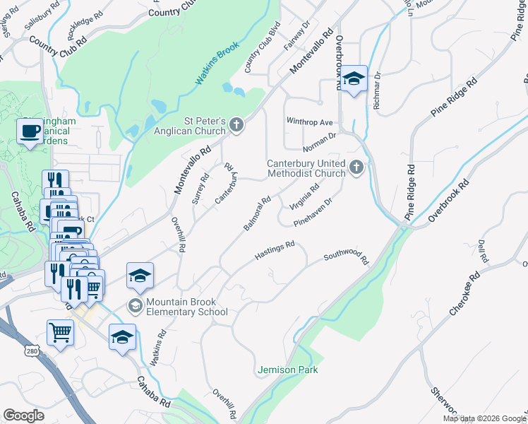 map of restaurants, bars, coffee shops, grocery stores, and more near 2877 Balmoral Road in Birmingham