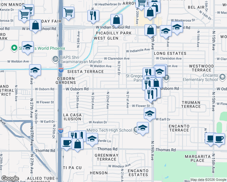 map of restaurants, bars, coffee shops, grocery stores, and more near 2147 West Osborn Road in Phoenix