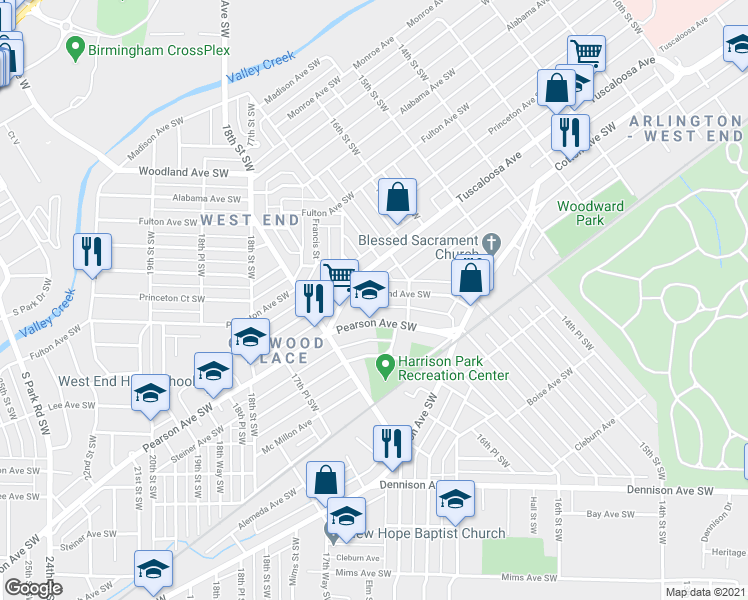map of restaurants, bars, coffee shops, grocery stores, and more near 1633 Cleveland Avenue Southwest in Birmingham
