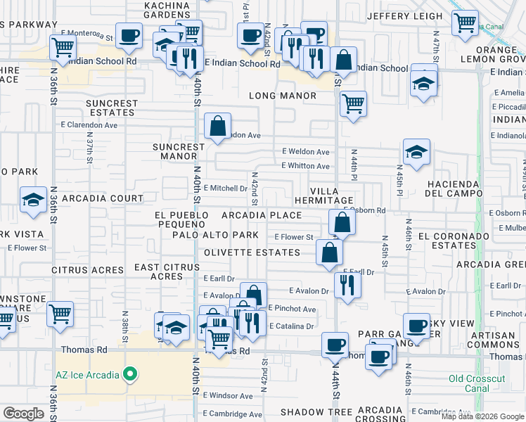 map of restaurants, bars, coffee shops, grocery stores, and more near 3338 North 42nd Street in Phoenix