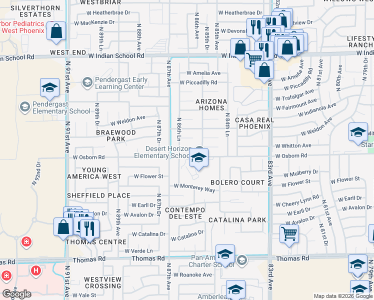map of restaurants, bars, coffee shops, grocery stores, and more near 8629 West Mitchell Drive in Phoenix