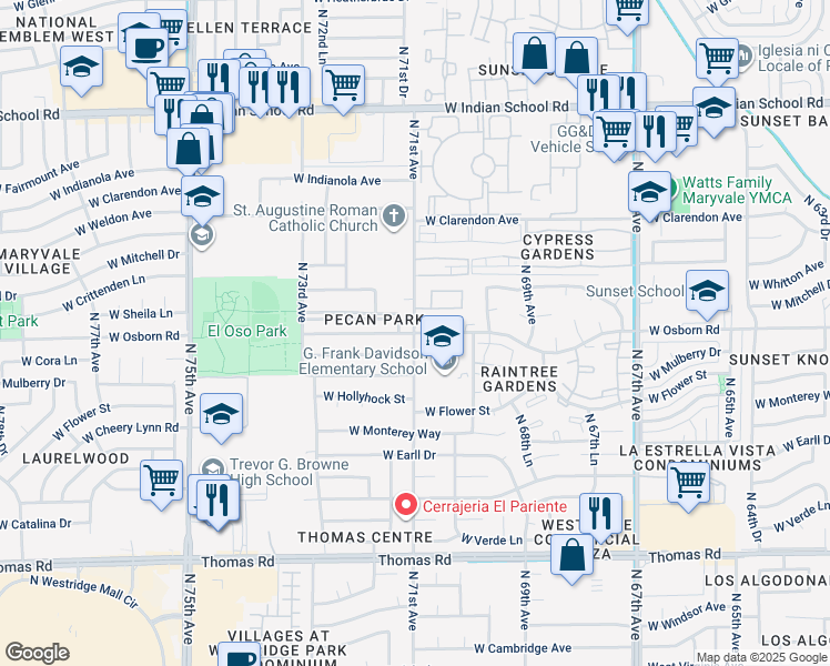 map of restaurants, bars, coffee shops, grocery stores, and more near 3401 North 71st Drive in Phoenix
