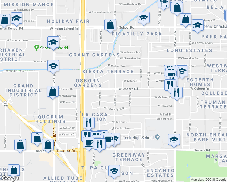 map of restaurants, bars, coffee shops, grocery stores, and more near 2301 West Osborn Road in Phoenix