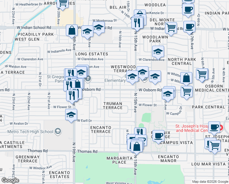 map of restaurants, bars, coffee shops, grocery stores, and more near 1629 West Osborn Road in Phoenix