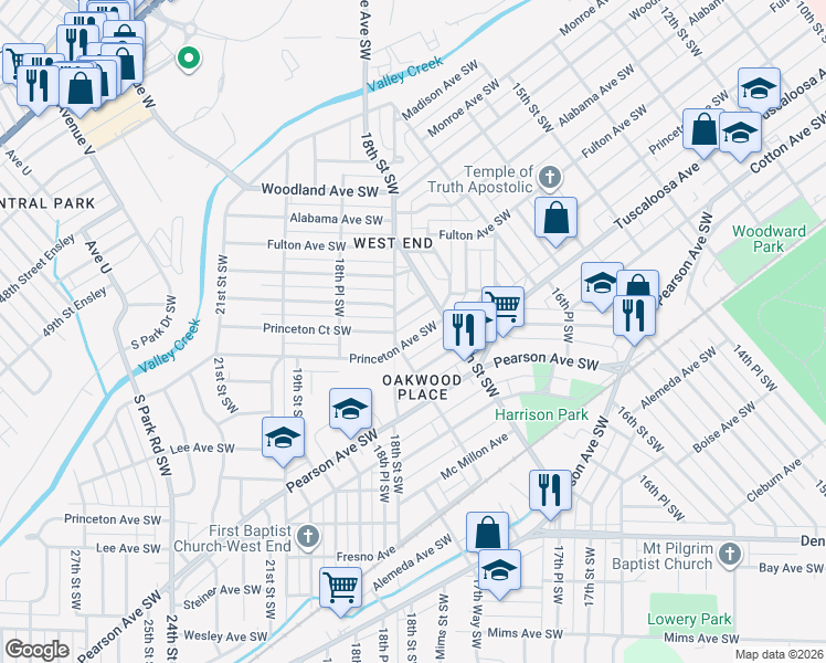 map of restaurants, bars, coffee shops, grocery stores, and more near 1728 Princeton Avenue Southwest in Birmingham