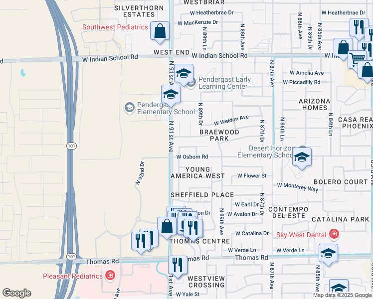 map of restaurants, bars, coffee shops, grocery stores, and more near 9021 West Whitton Avenue in Phoenix