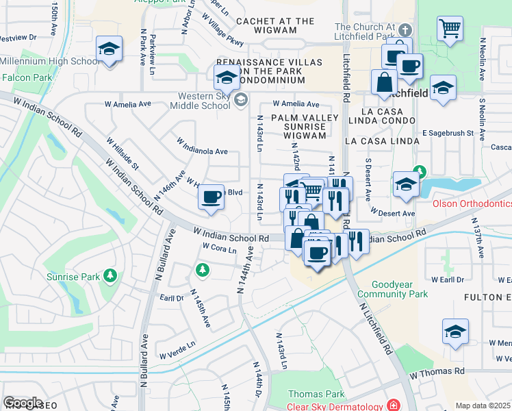 map of restaurants, bars, coffee shops, grocery stores, and more near 3628 North 143rd Lane in Goodyear