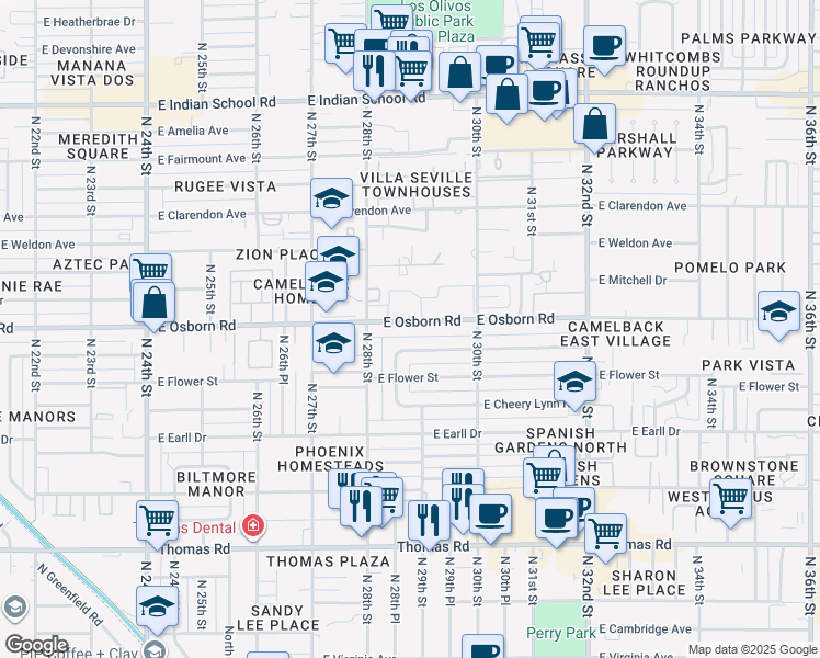 map of restaurants, bars, coffee shops, grocery stores, and more near 2837 East Osborn Road in Phoenix