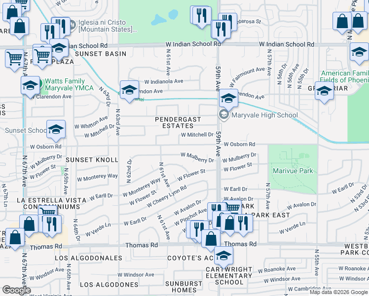 map of restaurants, bars, coffee shops, grocery stores, and more near 6027 West Osborn Road in Phoenix