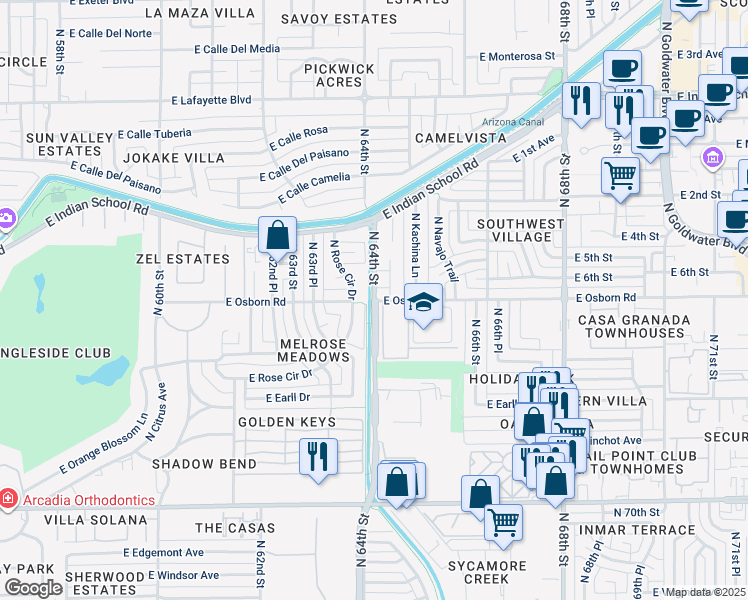 map of restaurants, bars, coffee shops, grocery stores, and more near 3402 North 64th Street in Scottsdale