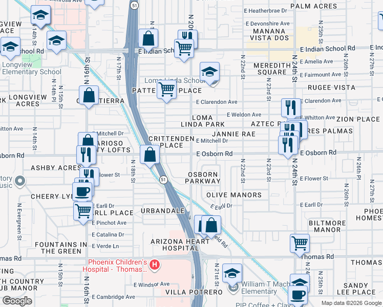 map of restaurants, bars, coffee shops, grocery stores, and more near E Osborn Rd & N 20th St in Phoenix