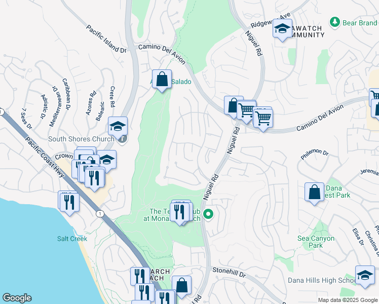 map of restaurants, bars, coffee shops, grocery stores, and more near 9 Monaco in Dana Point