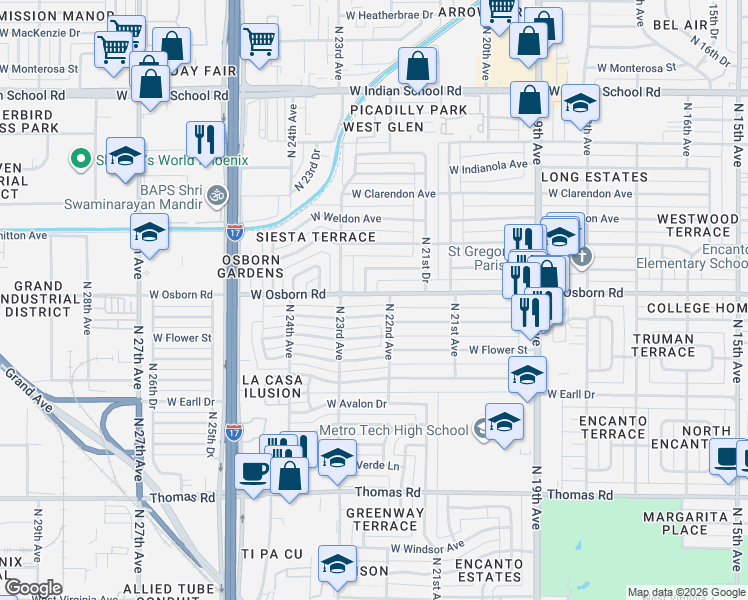 map of restaurants, bars, coffee shops, grocery stores, and more near 2215 West Osborn Road in Phoenix