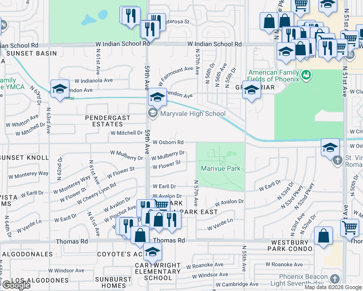 map of restaurants, bars, coffee shops, grocery stores, and more near 5729 W Osborn Rd in Phoenix