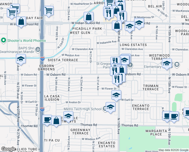 map of restaurants, bars, coffee shops, grocery stores, and more near 2111 West Osborn Road in Phoenix