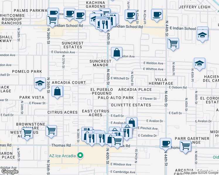 map of restaurants, bars, coffee shops, grocery stores, and more near 3250 North 40th Street in Phoenix