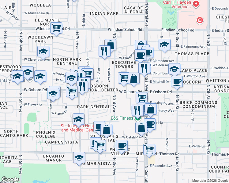 map of restaurants, bars, coffee shops, grocery stores, and more near in Phoenix