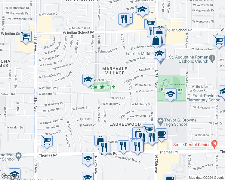 map of restaurants, bars, coffee shops, grocery stores, and more near 7754 West Osborn Road in Phoenix