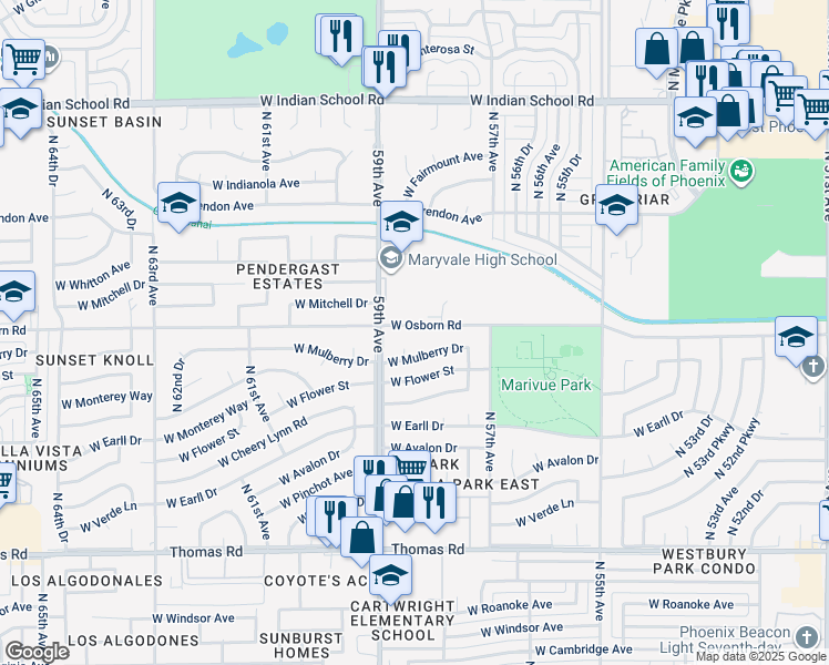 map of restaurants, bars, coffee shops, grocery stores, and more near 5817 West Osborn Road in Phoenix