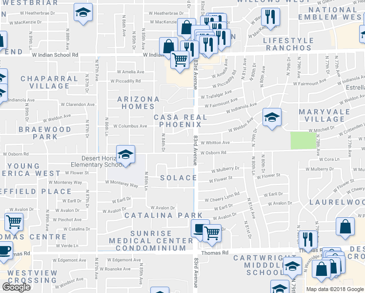 map of restaurants, bars, coffee shops, grocery stores, and more near 8325 West Whitton Avenue in Phoenix