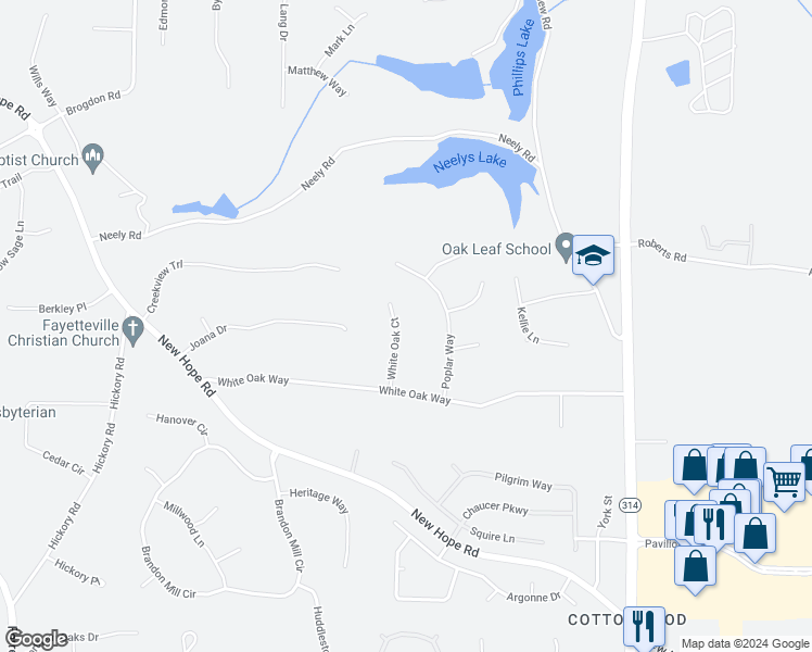 map of restaurants, bars, coffee shops, grocery stores, and more near 145 White Oak Court in Fayetteville