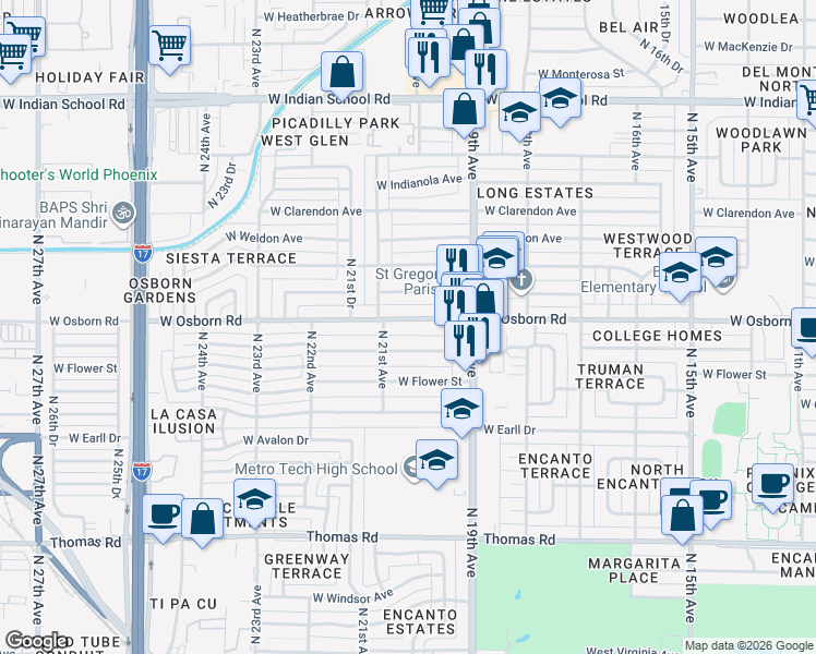 map of restaurants, bars, coffee shops, grocery stores, and more near 2011 West Osborn Road in Phoenix
