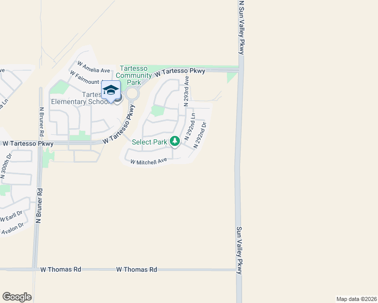 map of restaurants, bars, coffee shops, grocery stores, and more near 3593 North 292nd Drive in Buckeye