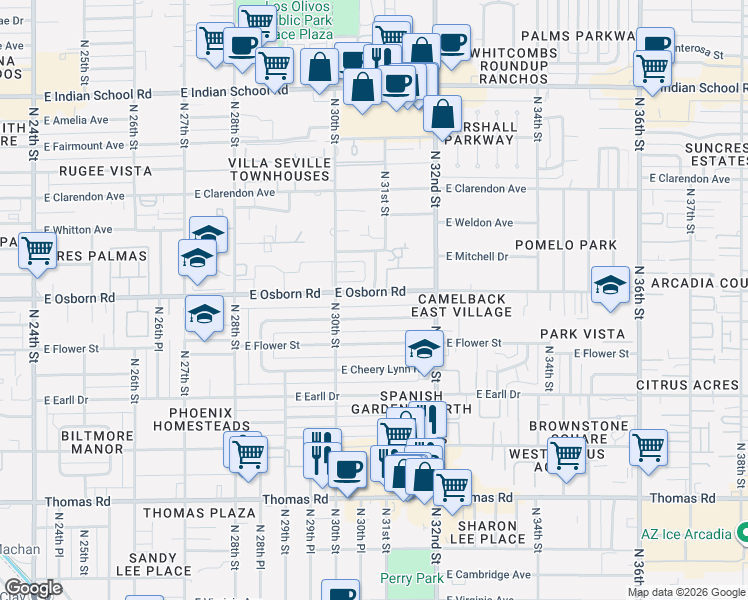 map of restaurants, bars, coffee shops, grocery stores, and more near 3037 East Osborn Road in Phoenix