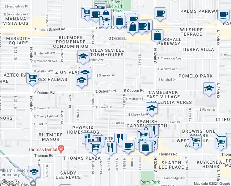 map of restaurants, bars, coffee shops, grocery stores, and more near 2921 East Osborn Road in Phoenix