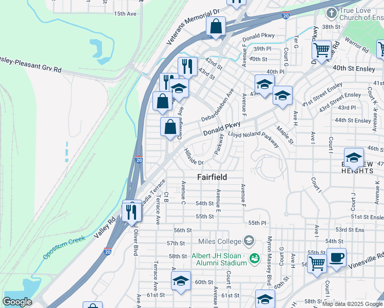 map of restaurants, bars, coffee shops, grocery stores, and more near 5123 Hillside Drive in Fairfield