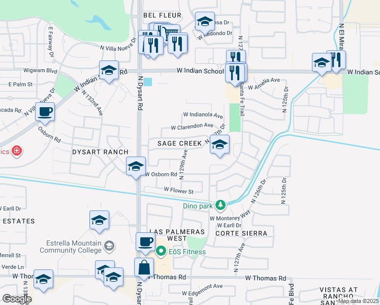 map of restaurants, bars, coffee shops, grocery stores, and more near 12841 West Whitton Avenue in Litchfield Park