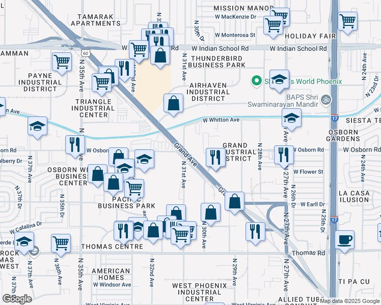 map of restaurants, bars, coffee shops, grocery stores, and more near 3060 Phoenix-Wickenburg Highway in Phoenix