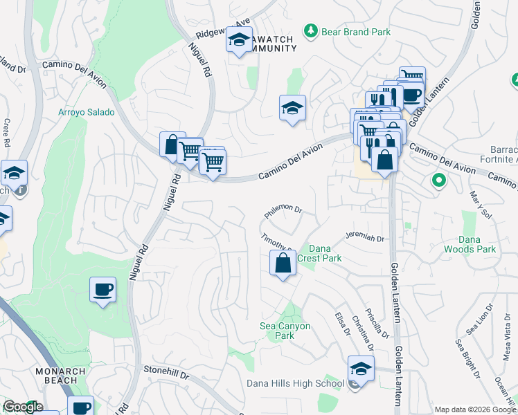 map of restaurants, bars, coffee shops, grocery stores, and more near 24291 Philemon Drive in Dana Point