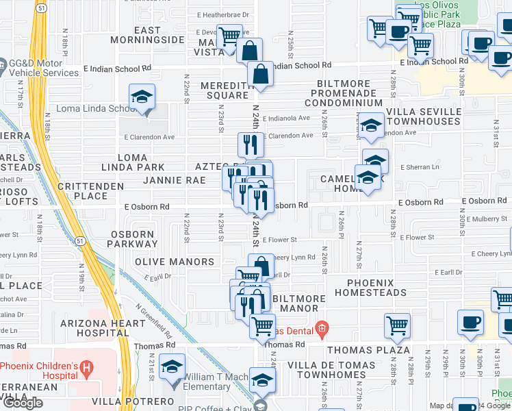map of restaurants, bars, coffee shops, grocery stores, and more near North 24th Street & East Osborn Road in Phoenix